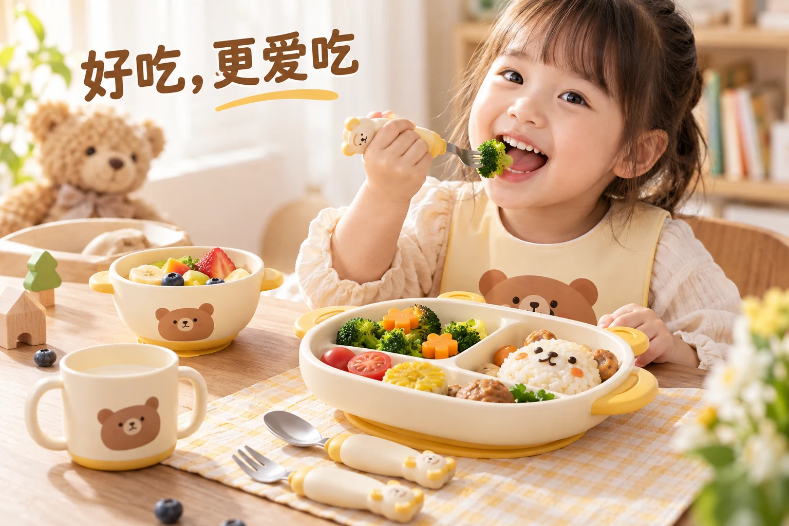儿童餐具 · 推广图，AI生成的设计案例