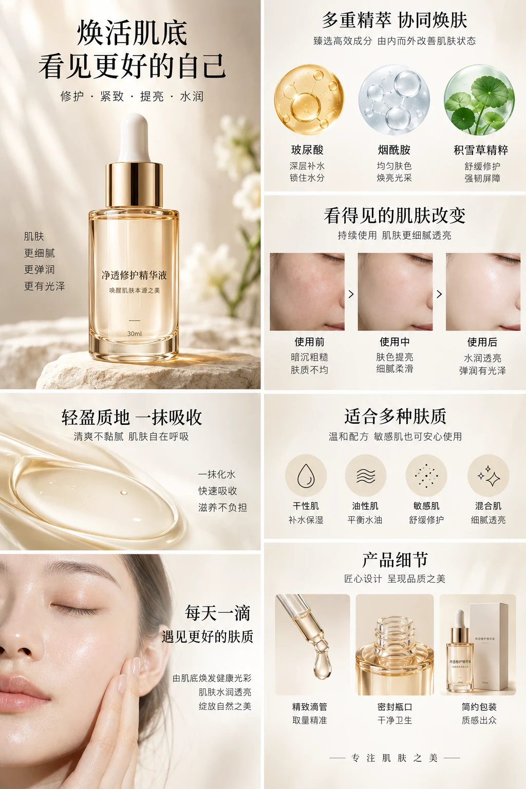 护肤精华 · 详情图，AI生成的设计案例