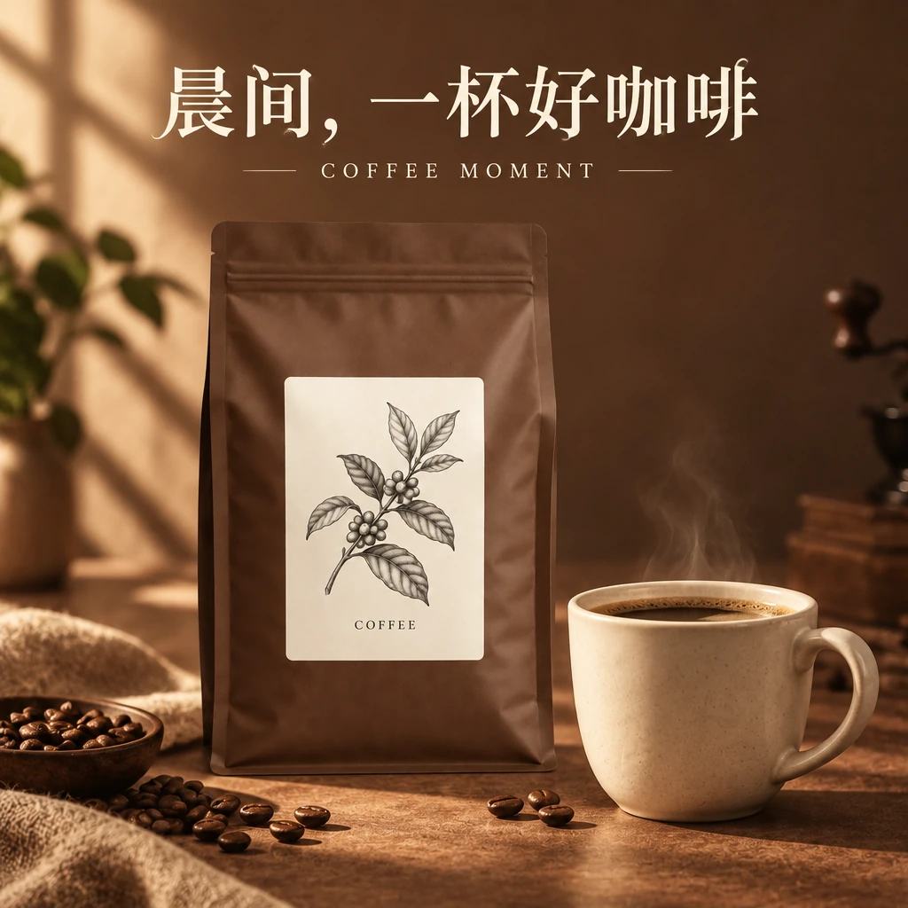 咖啡包装、咖啡杯与咖啡豆组成的营销广告海报设计