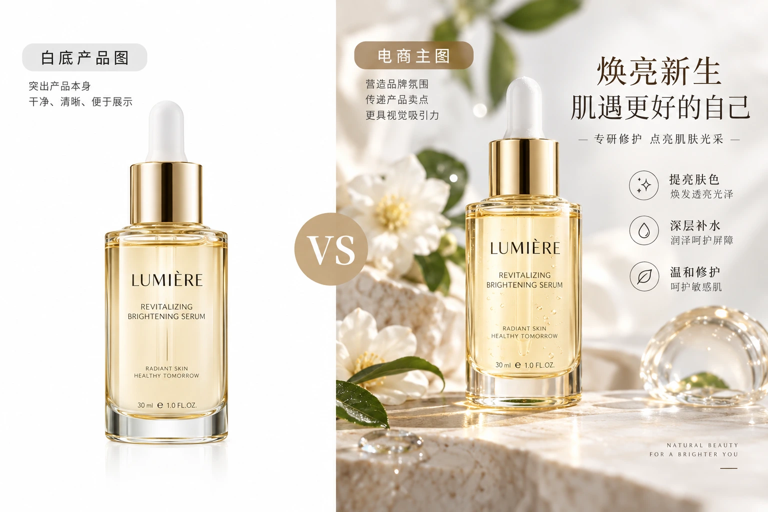 护肤精华白底产品图与精美电商主图左右对比，image2.5文生图设计素材