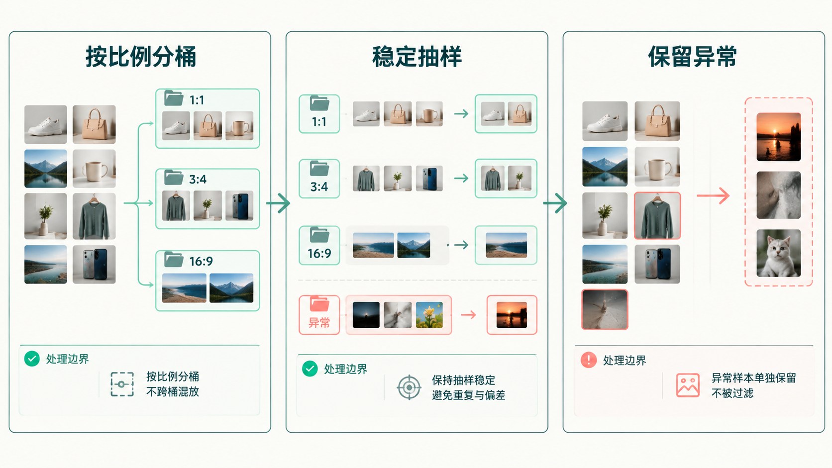 批量精修前怎么挑样本：按图片比例分桶并稳定抽取：按比例分桶、稳定抽样、保留异常示意