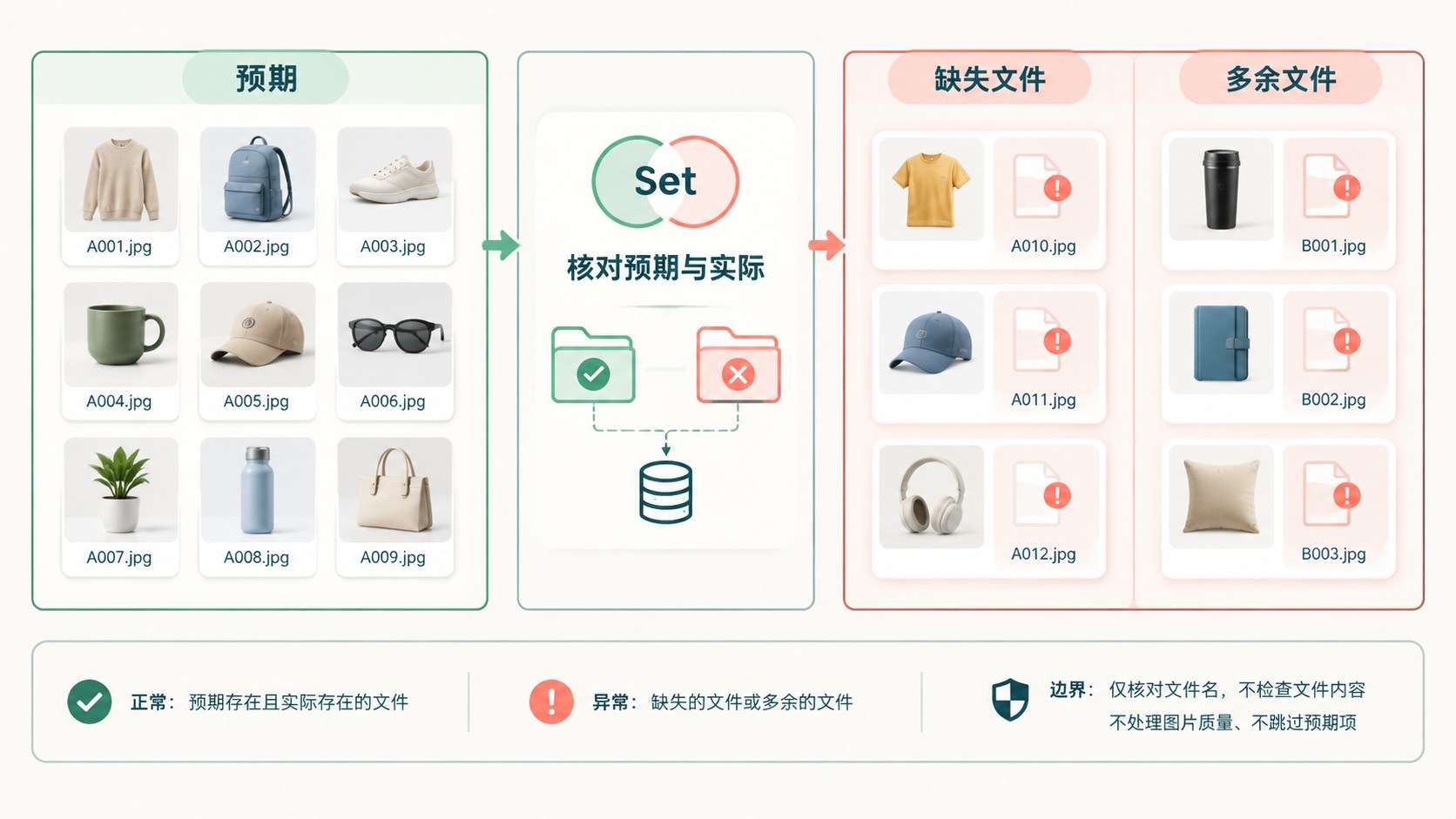 SKU 素材目录怎么查漏图：用 Set 核对预期与实际文件：预期清单、缺失文件、多余文件示意