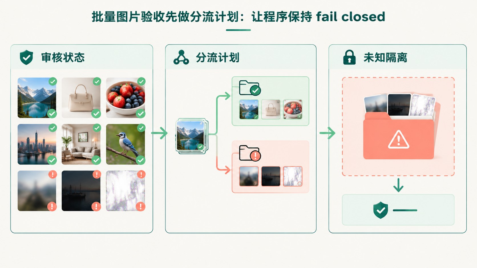 批量图片验收先做分流计划：让程序保持 fail closed：审核状态、分流计划、未知隔离示意