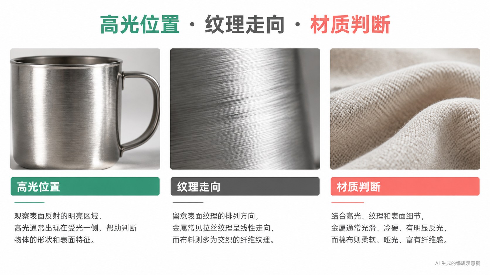 智能打光改变的是画面，别顺手改掉材质判断：高光位置、纹理走向、材质判断示意