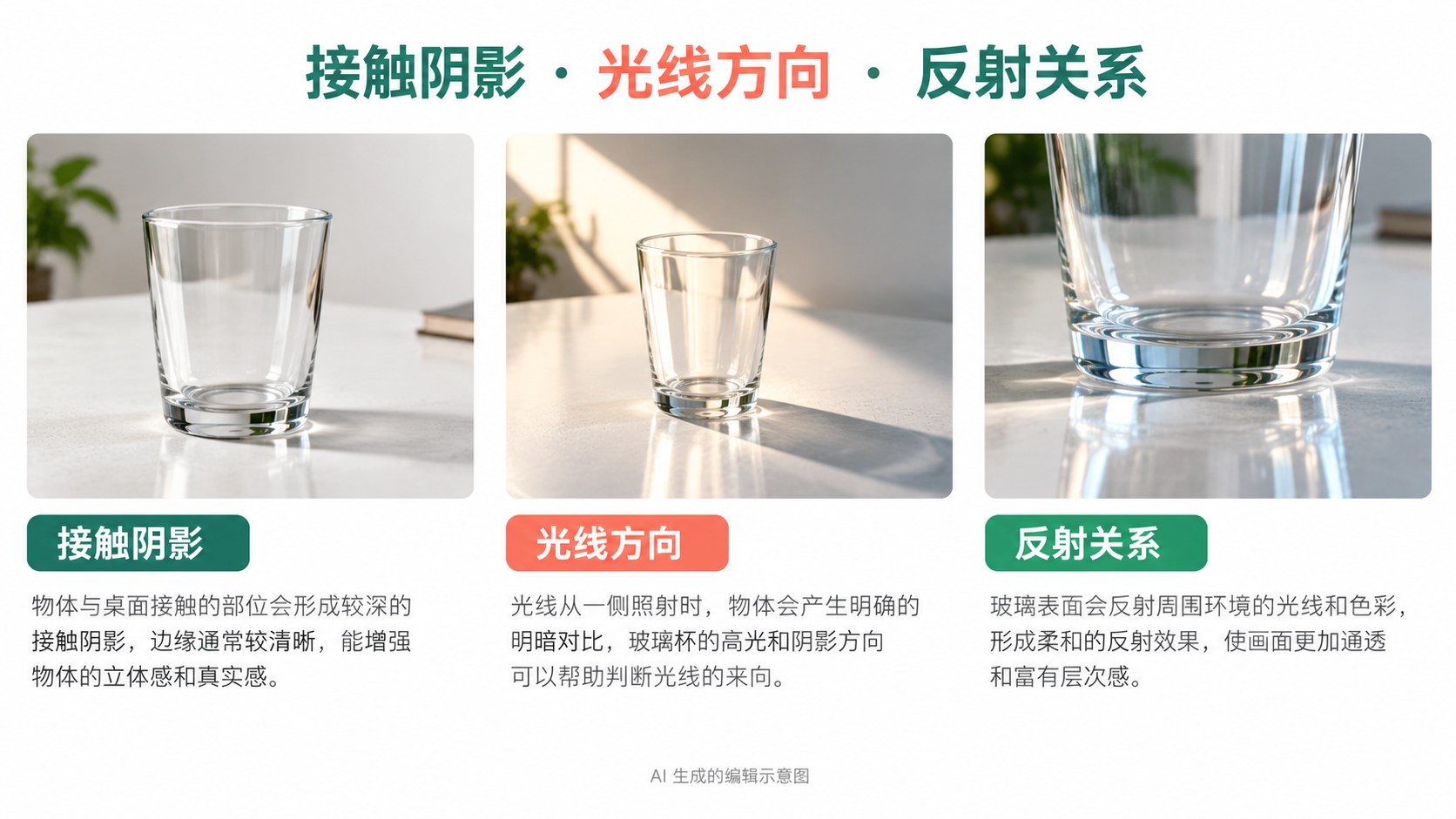 AI 场景图为什么显得假：先检查接触和光影关系：接触阴影、光线方向、反射关系示意