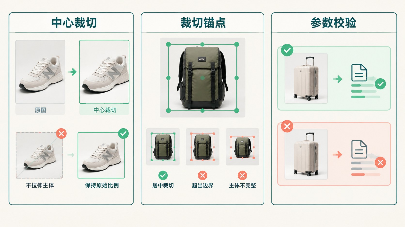 商品图适配独立站版位：一个不拉伸主体的 Canvas 裁切函数：中心裁切、裁切锚点、参数校验示意