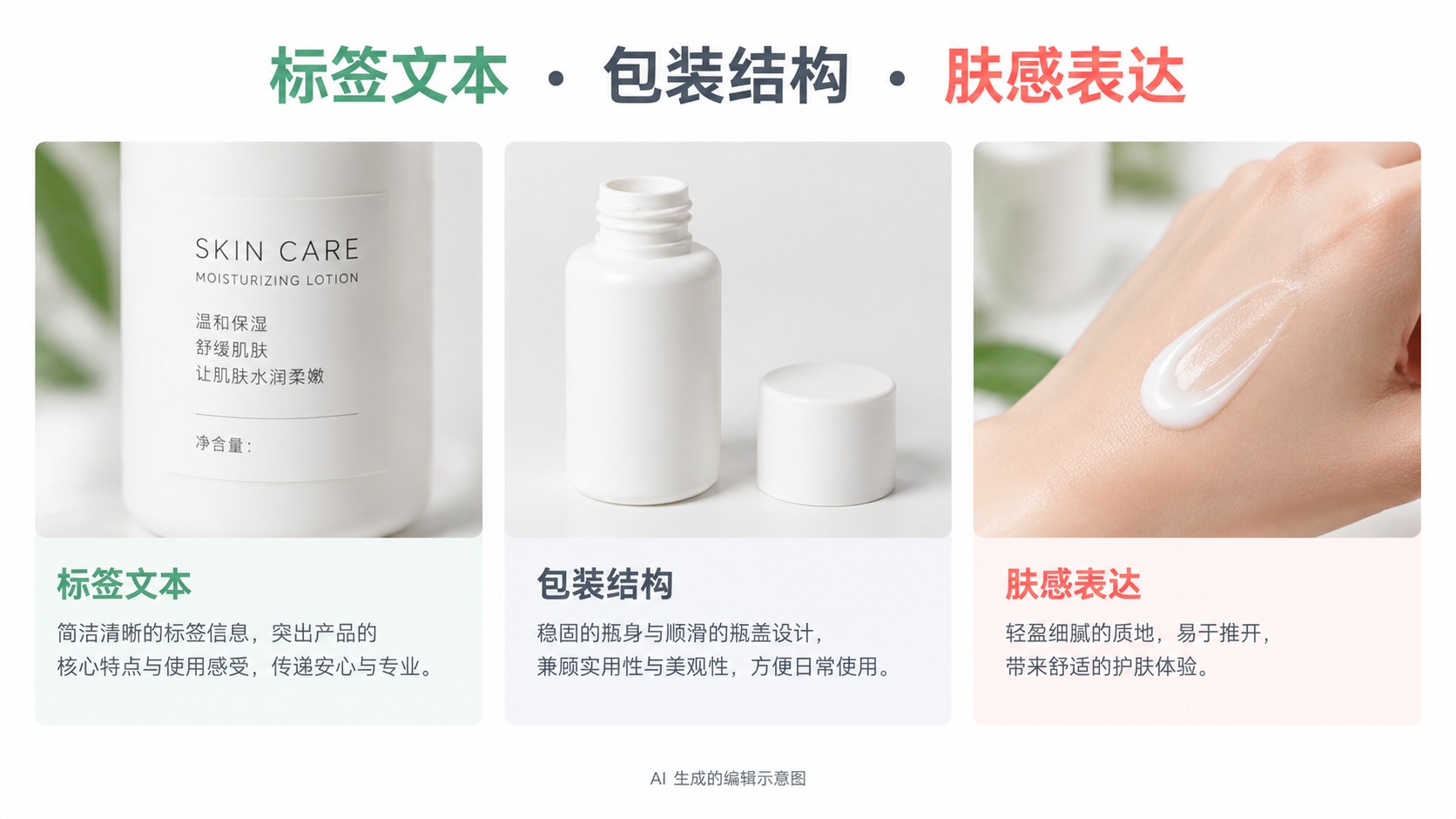 美妆商品图可以换气氛，瓶身文字不能靠猜：标签文本、包装结构、肤感表达示意