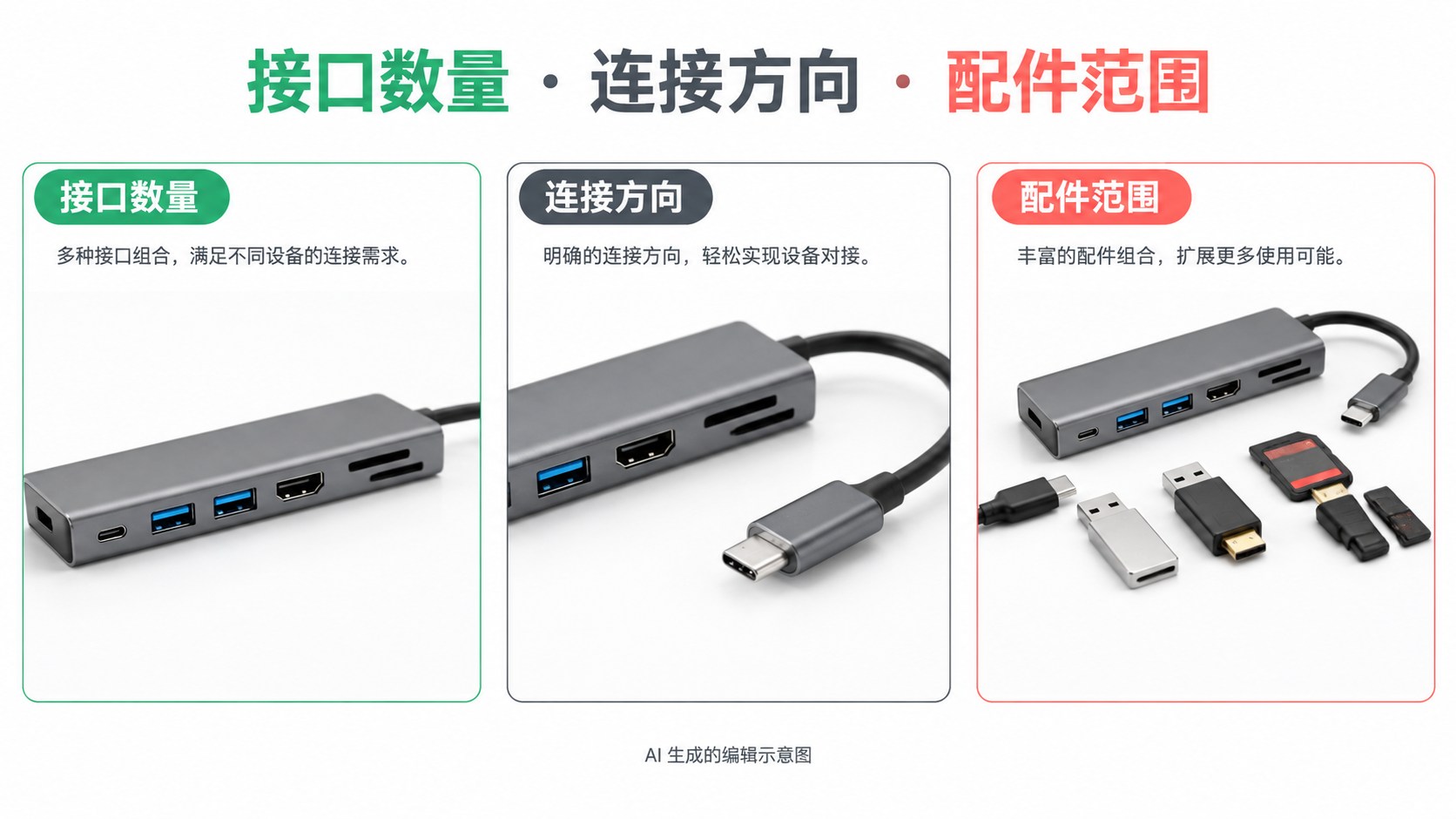 做 3C 场景图时，接口和配件比气氛更值得放大：接口数量、连接方向、配件范围示意