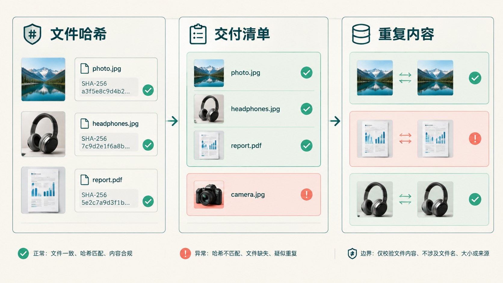 图片交接别只看文件名：用 SHA-256 验证交付内容：文件哈希、交付清单、重复内容示意