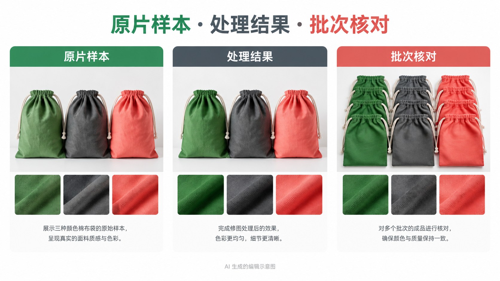 精修一批商品照片，颜色校对别等到全部导出以后：原片样本、处理结果、批次核对示意