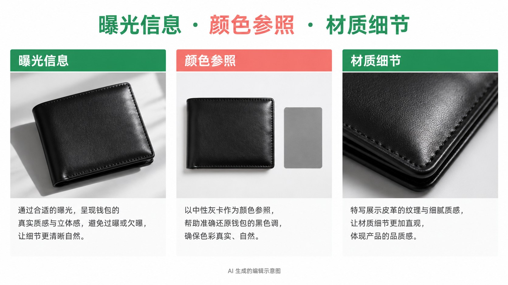 深色商品拍得发灰，先分清原片问题和修图问题：曝光信息、颜色参照、材质细节示意