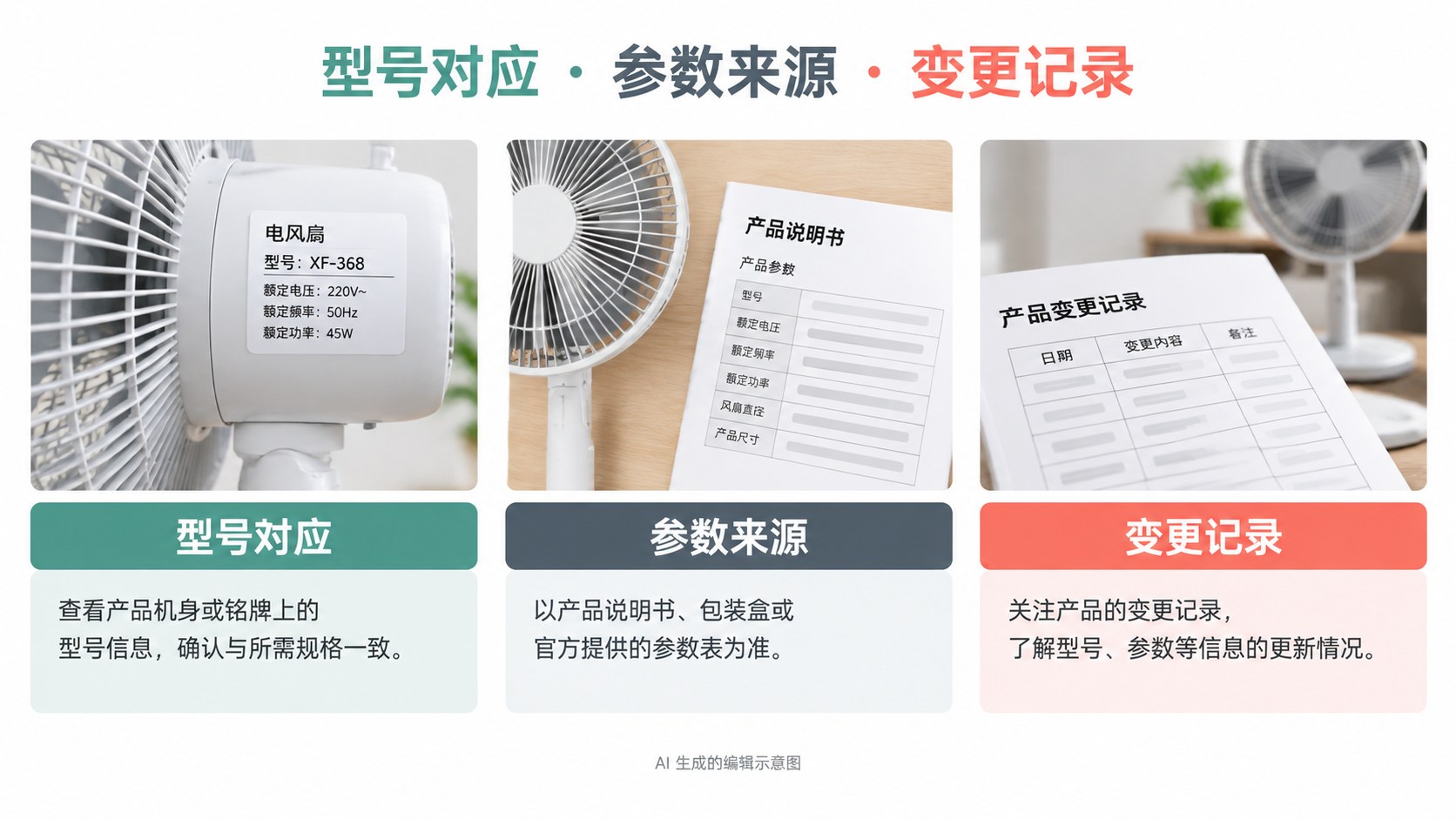 参数图里的每个数字，都应该能找到对应商品版本：型号对应、参数来源、变更记录示意