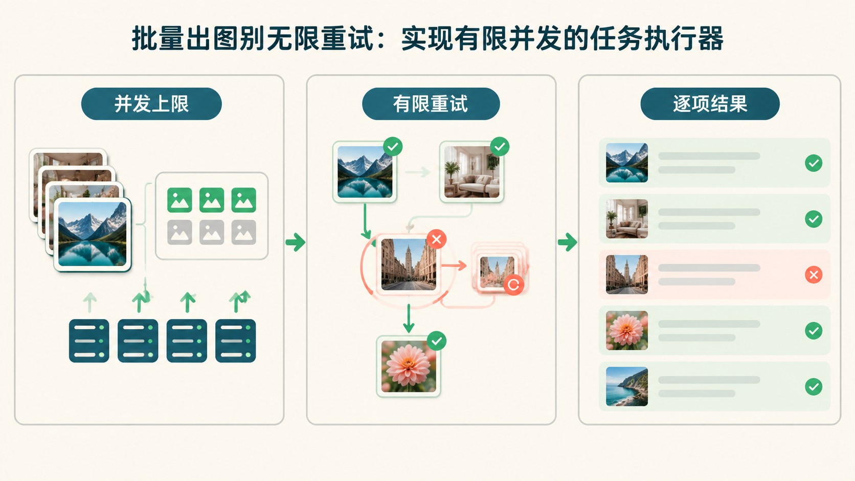 批量出图别无限重试：实现有限并发的任务执行器：并发上限、有限重试、逐项结果示意