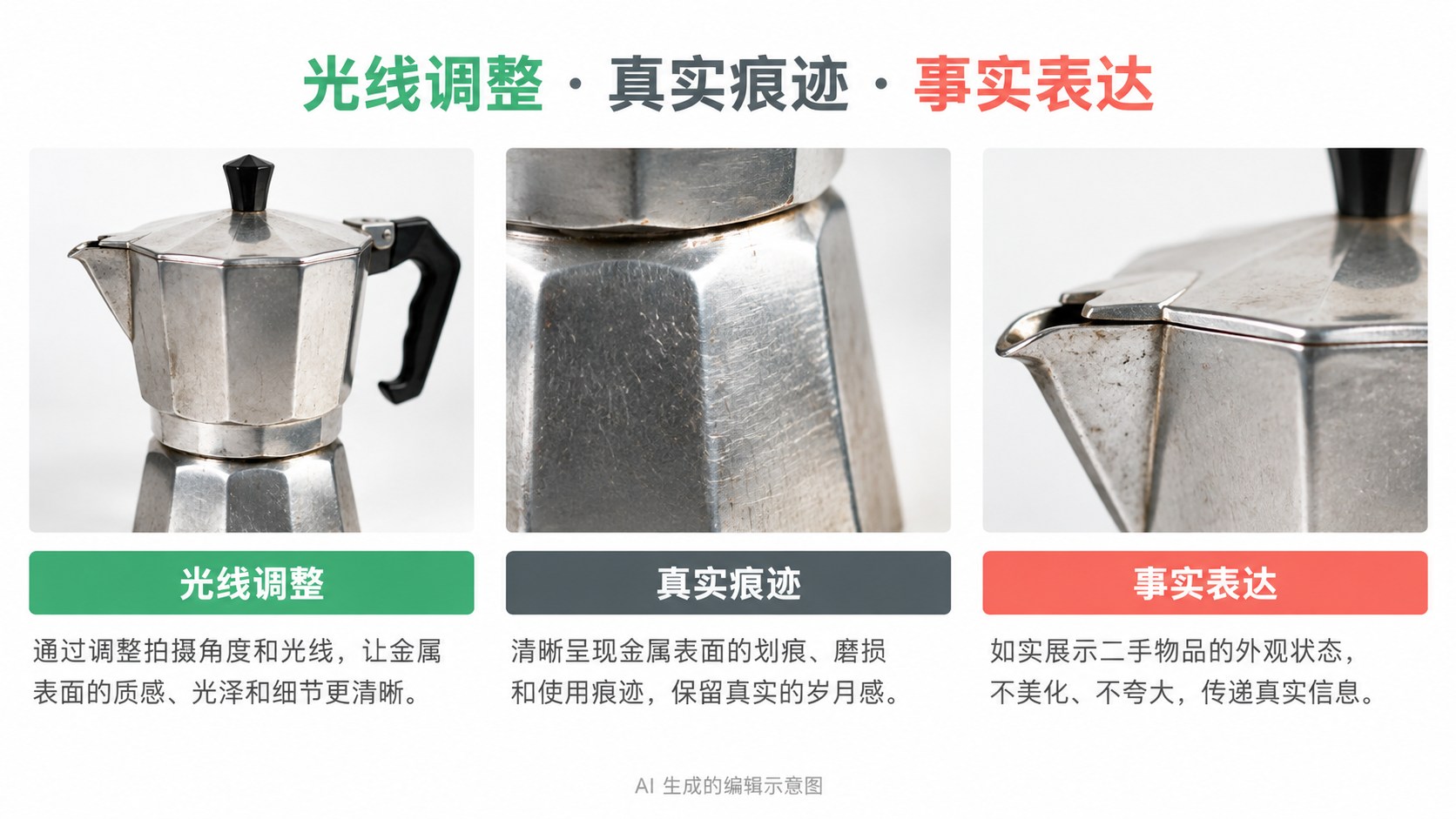 给商品补光之后，别把真实瑕疵也一起擦掉：光线调整、真实痕迹、事实表达示意