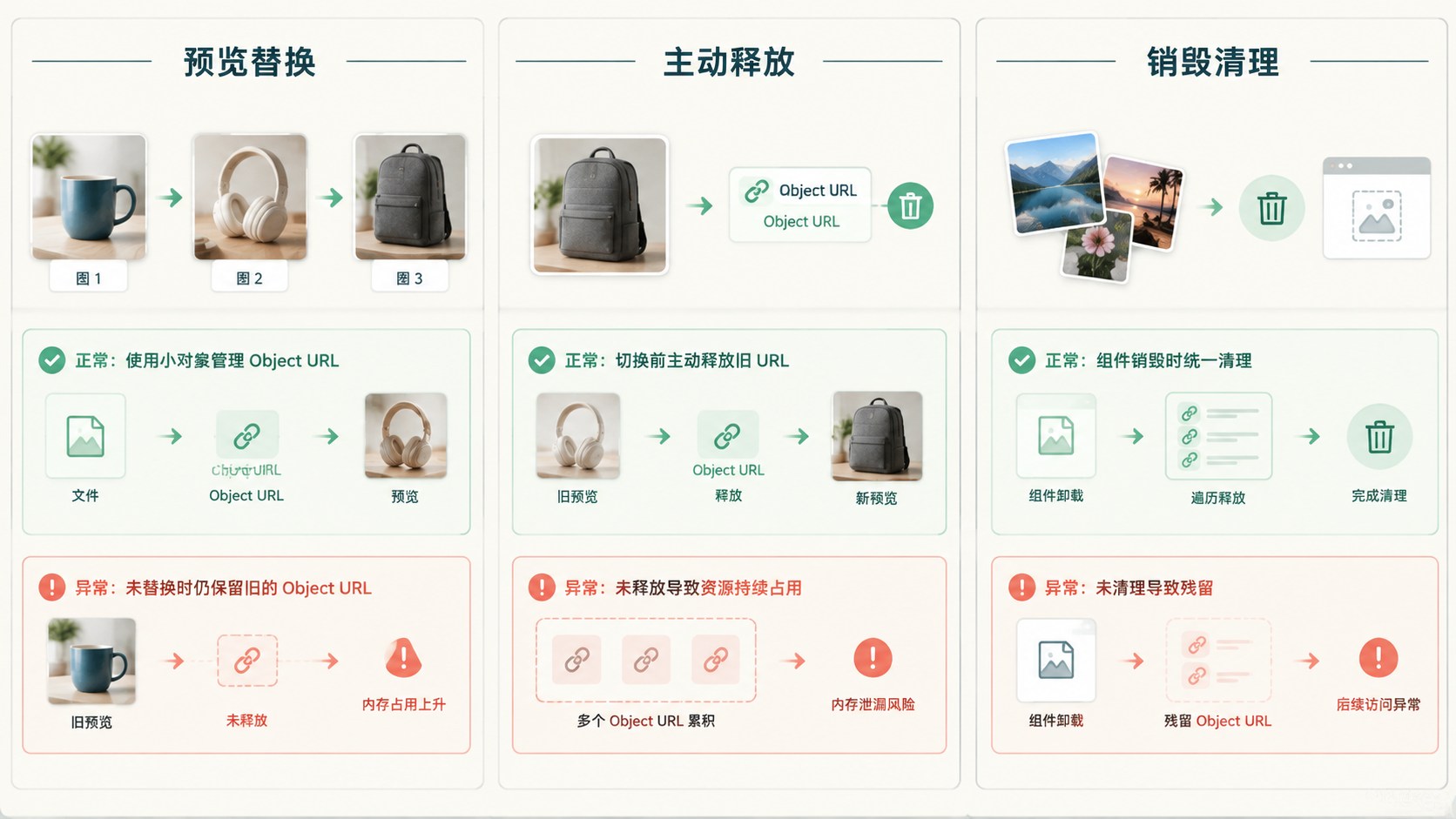 商品图预览反复替换：用小对象管理 Object URL 的释放：预览替换、主动释放、销毁清理示意