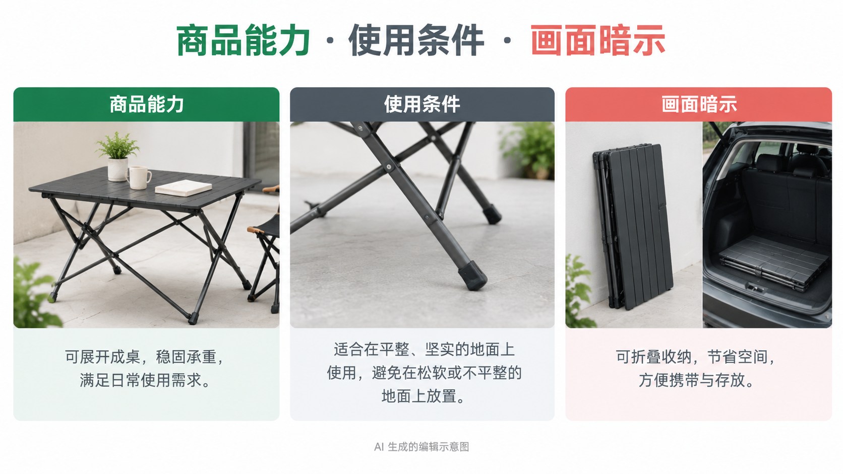 场景图中的使用状态，要和商品实际能力对得上：商品能力、使用条件、画面暗示示意