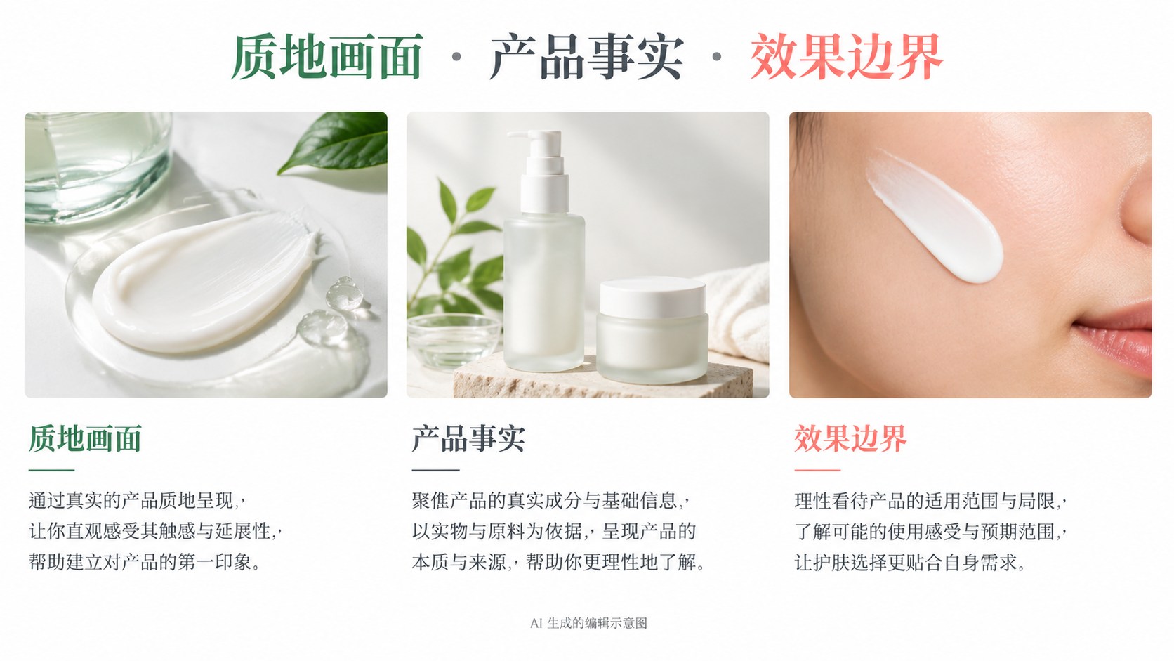 护肤产品的质地示意图，别替实际效果作承诺：质地画面、产品事实、效果边界示意
