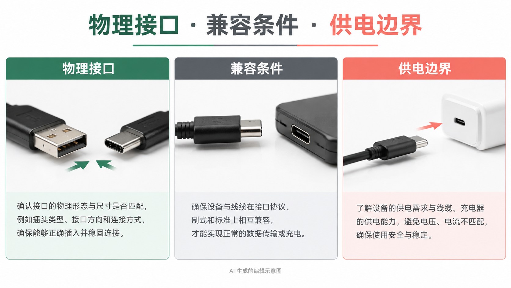 电子配件的连接示意，别把能插上画成能兼容：物理接口、兼容条件、供电边界示意