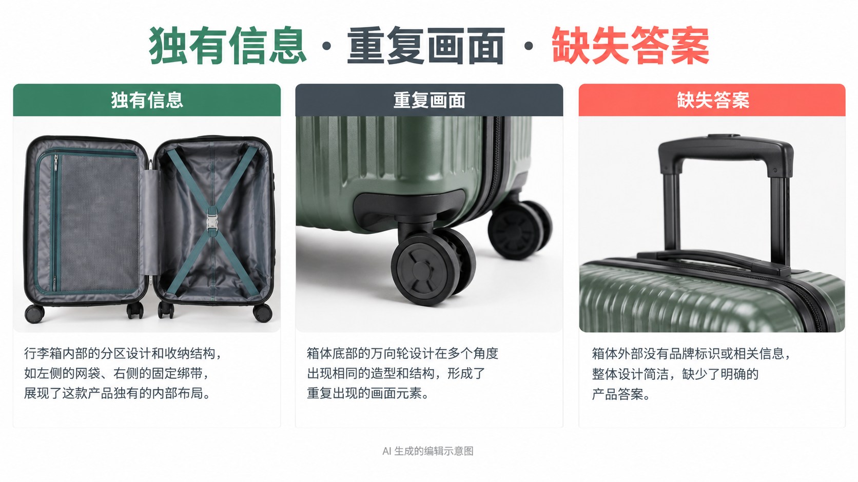 商品套图验收时，先删掉那些没有新信息的画面：独有信息、重复画面、缺失答案示意