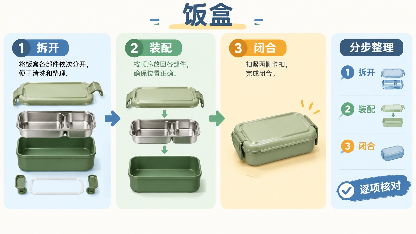 饭盒的分区流程图,箭头连接整理与核对步骤