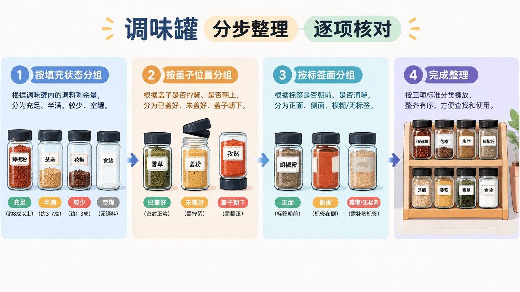 调味罐的分区流程图,箭头连接整理与核对步骤