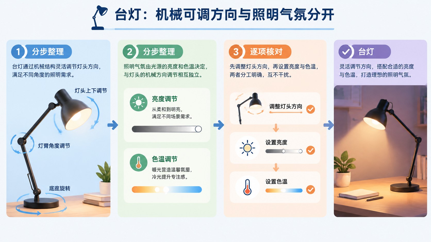 台灯的分区流程图,箭头连接整理与核对步骤