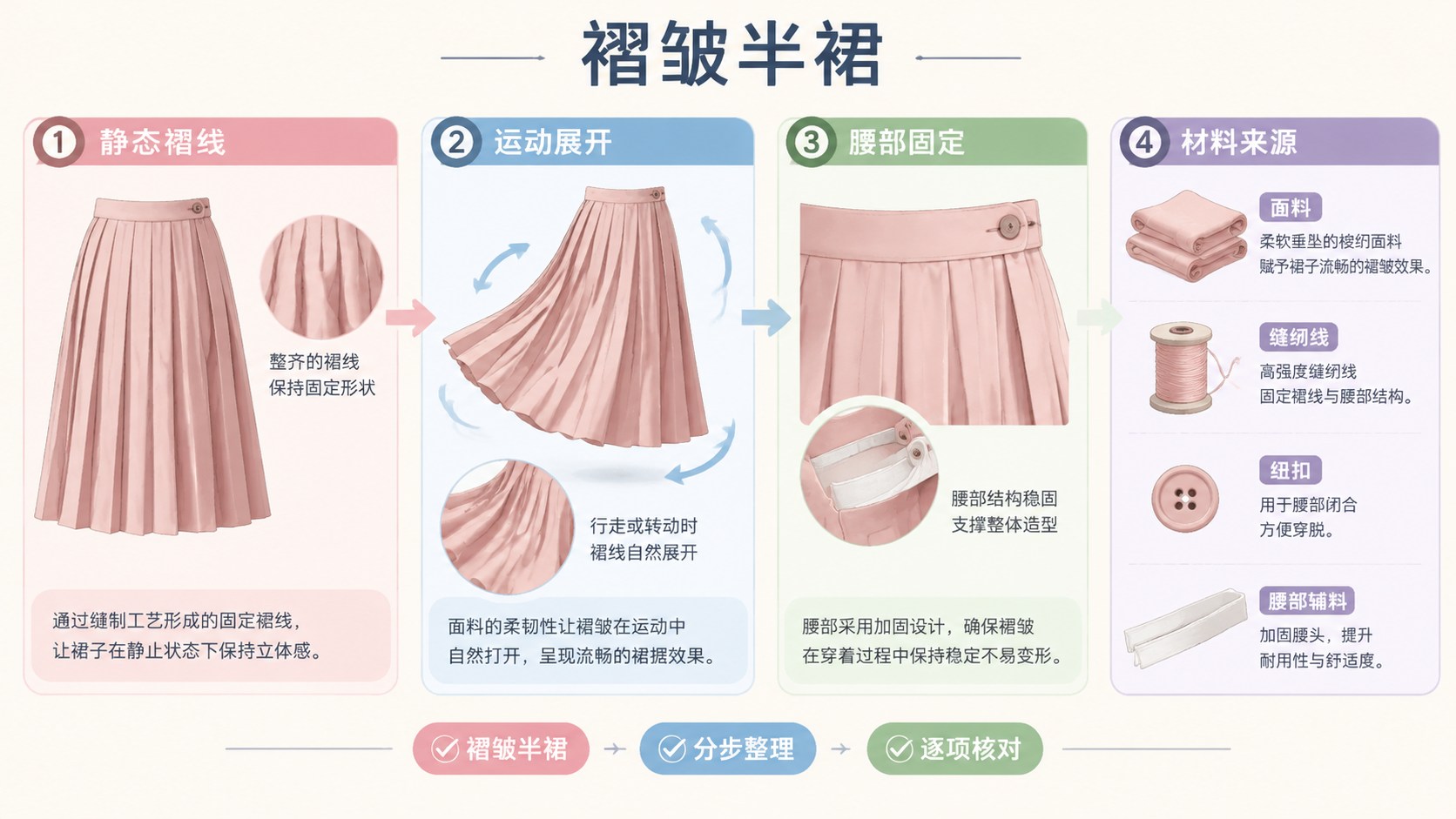 褶皱半裙的分区流程图,箭头连接整理与核对步骤