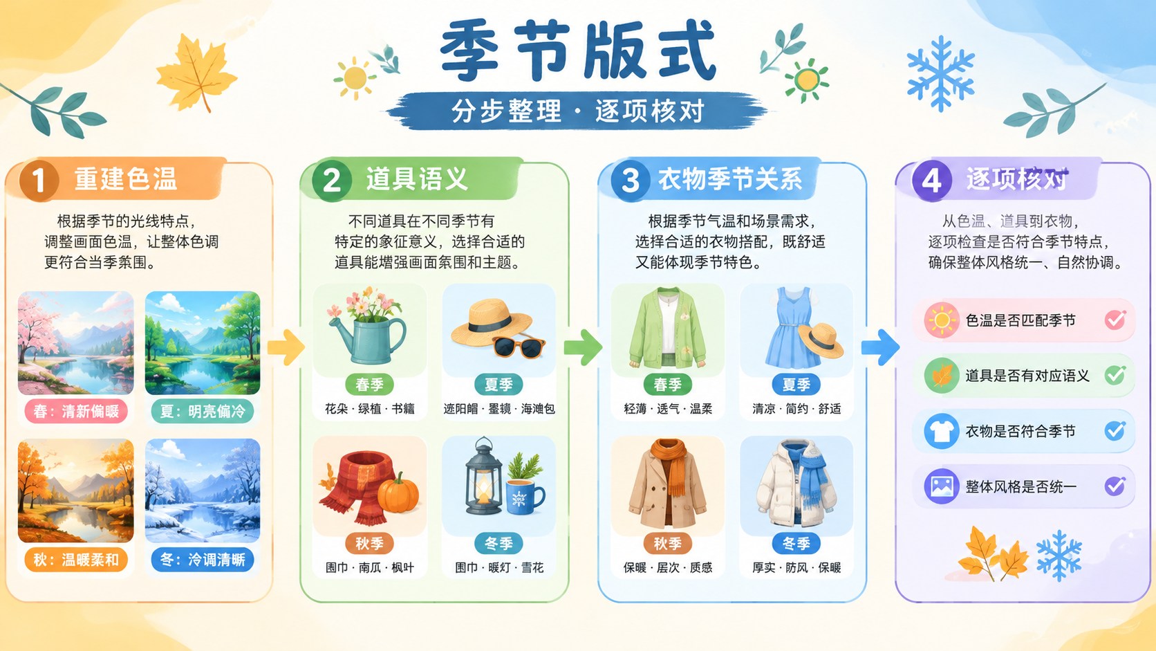 季节版式的分区流程图，箭头连接整理与核对步骤