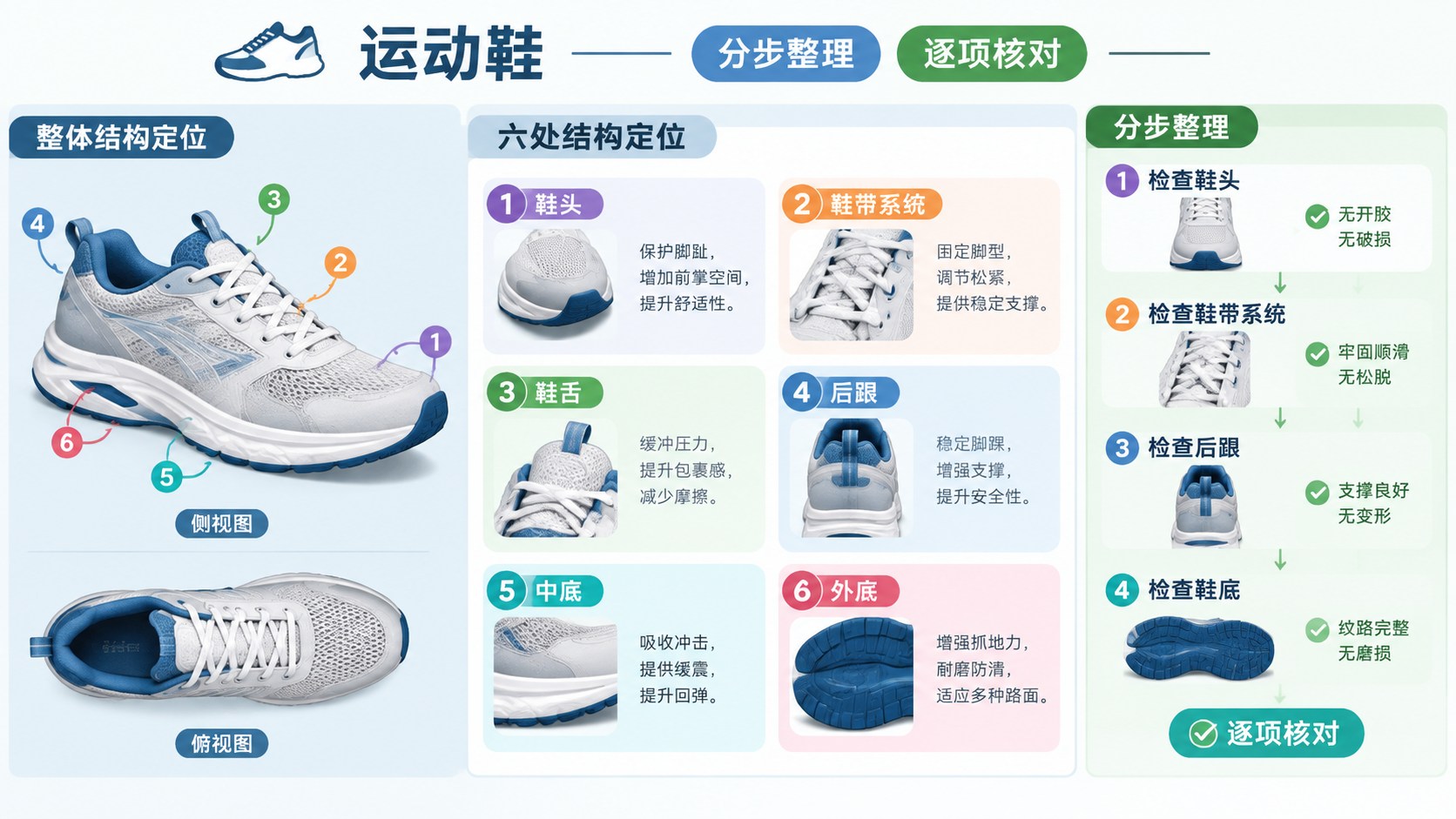 运动鞋的分区流程图，箭头连接整理与核对步骤