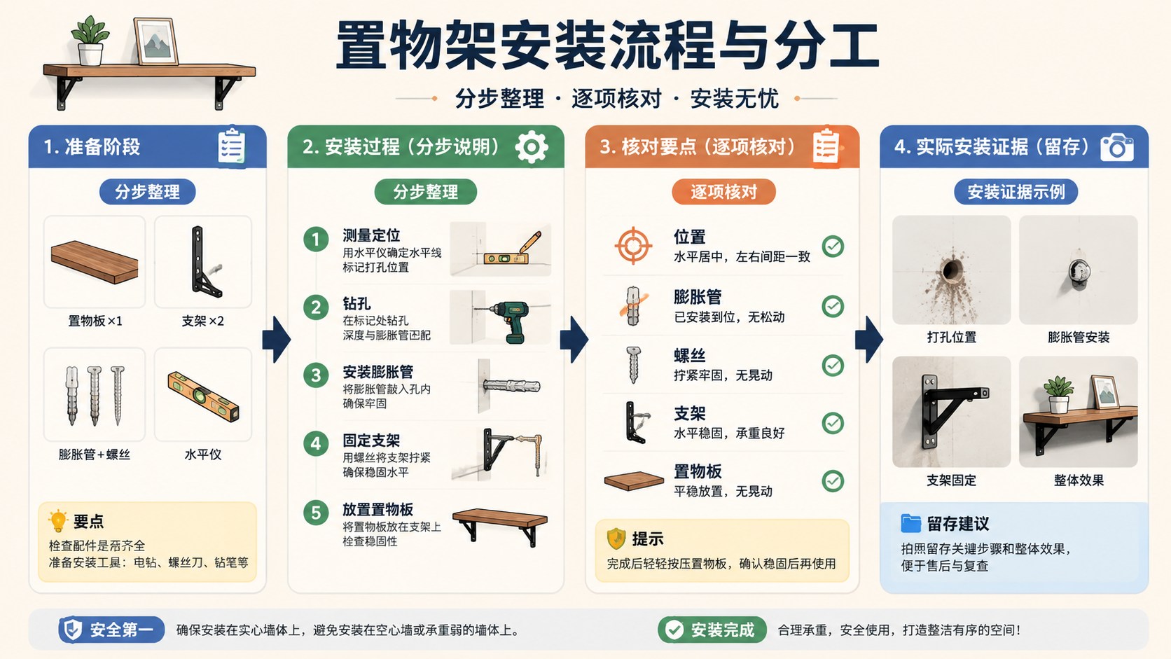 置物架的分区流程图，箭头连接整理与核对步骤