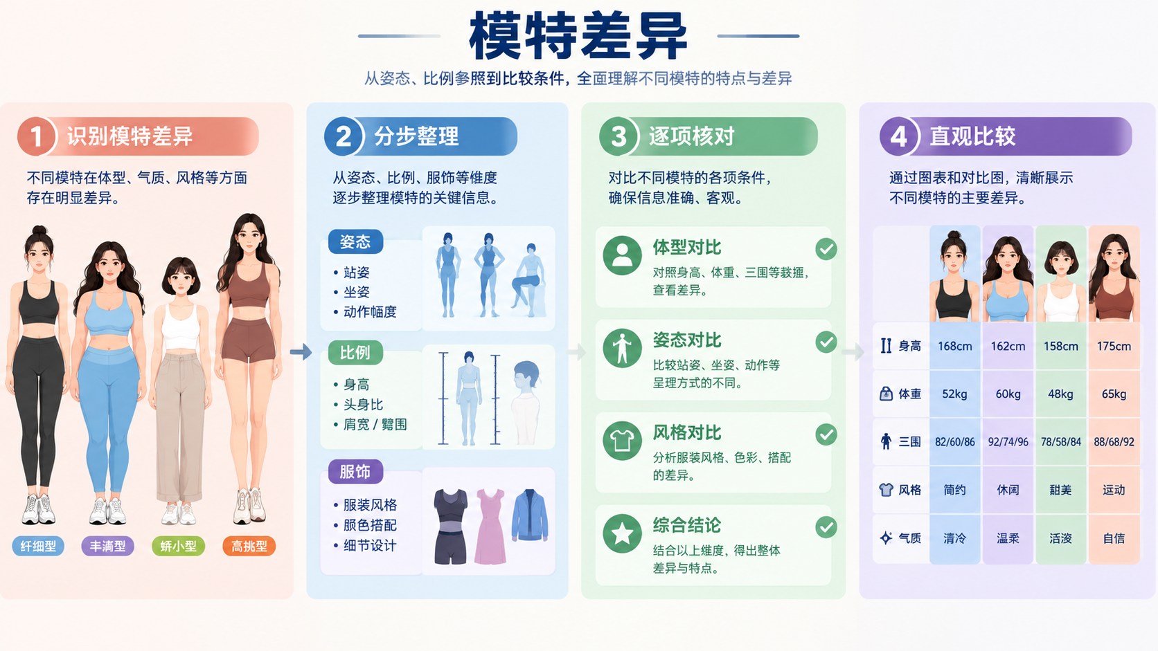 模特差异的分区流程图，箭头连接整理与核对步骤