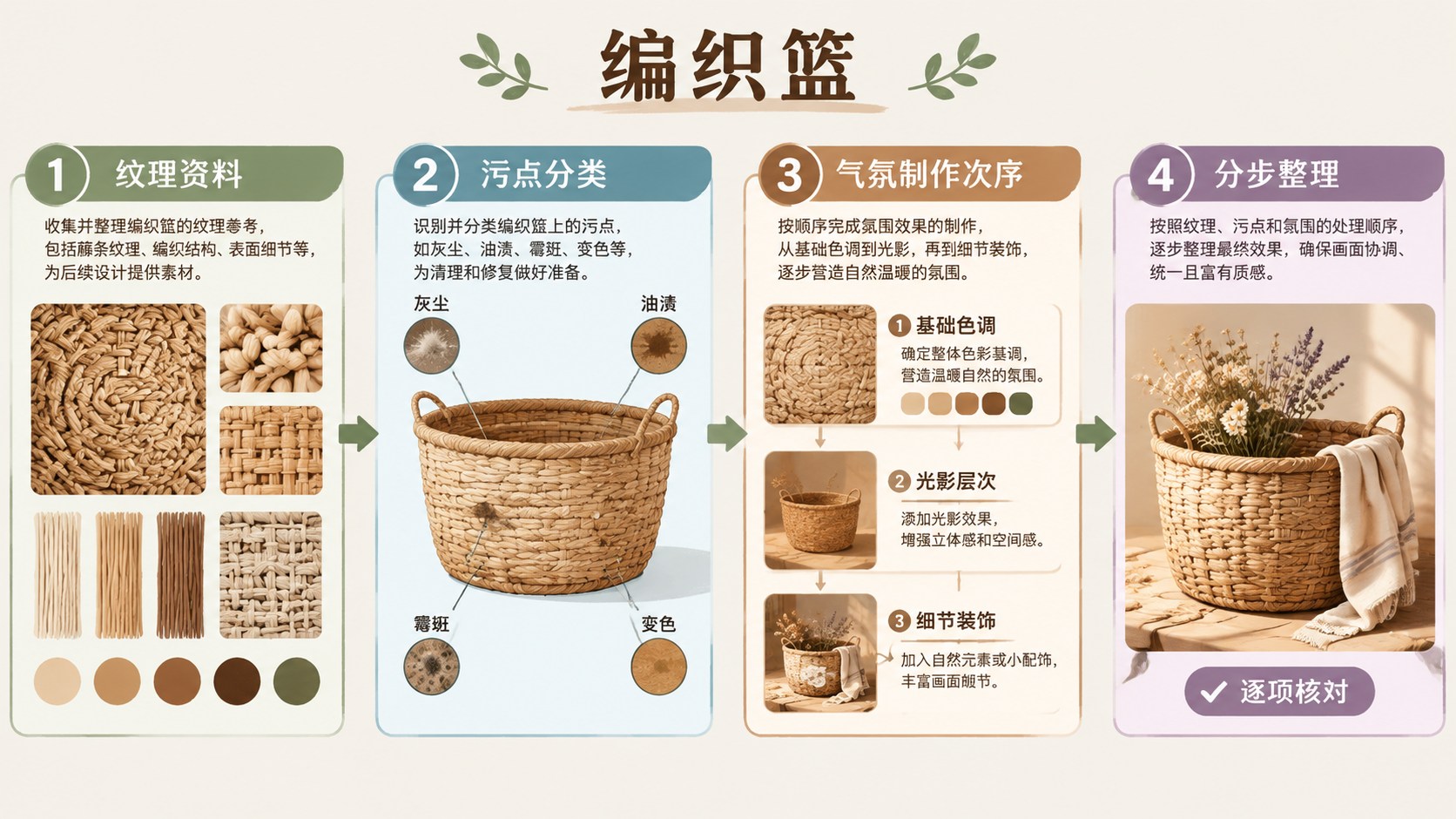 编织篮的分区流程图，箭头连接整理与核对步骤
