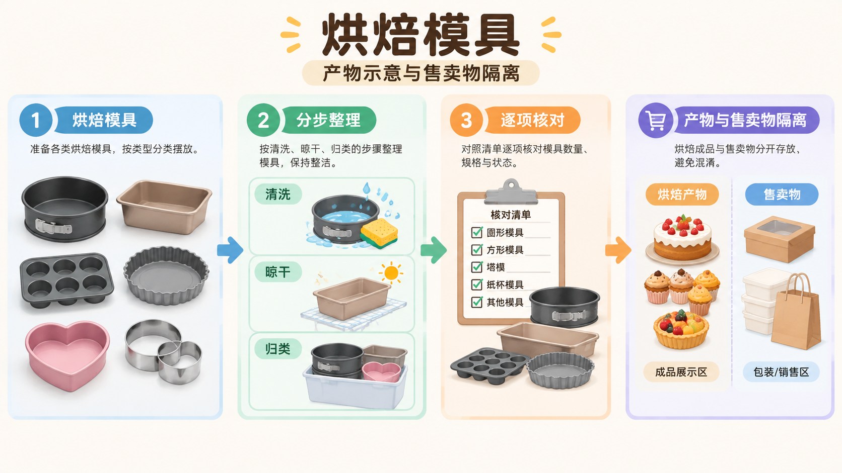 烘焙模具的分区流程图，箭头连接整理与核对步骤