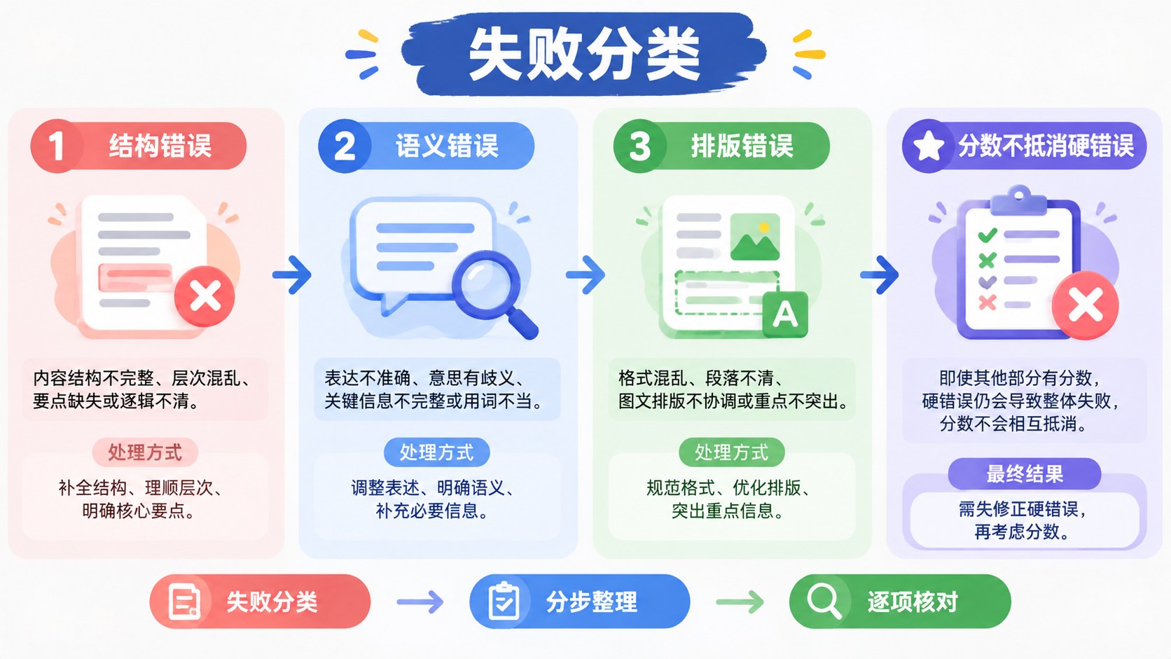 失败分类的分区流程图，箭头连接整理与核对步骤