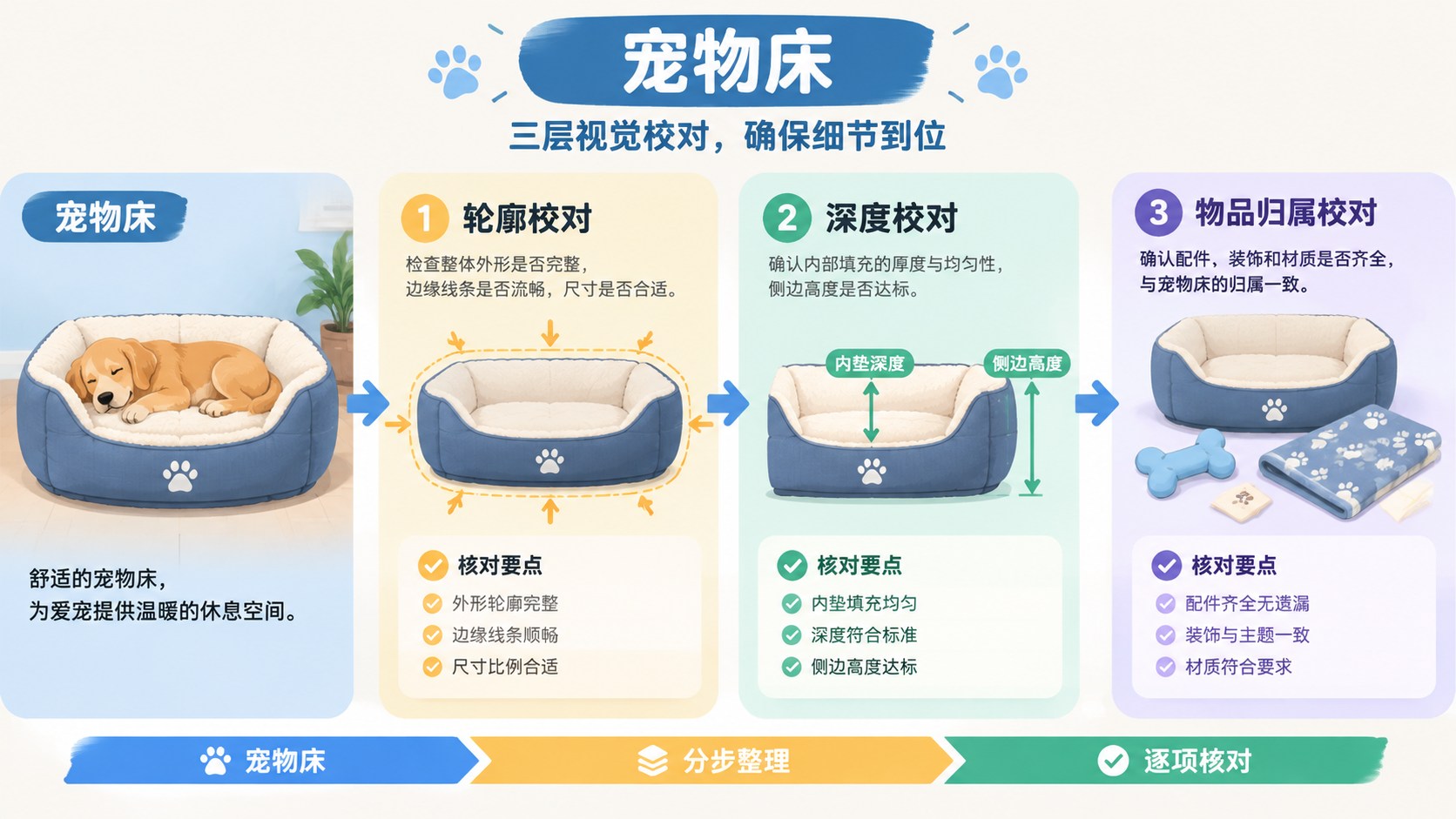 宠物床的分区流程图，箭头连接整理与核对步骤