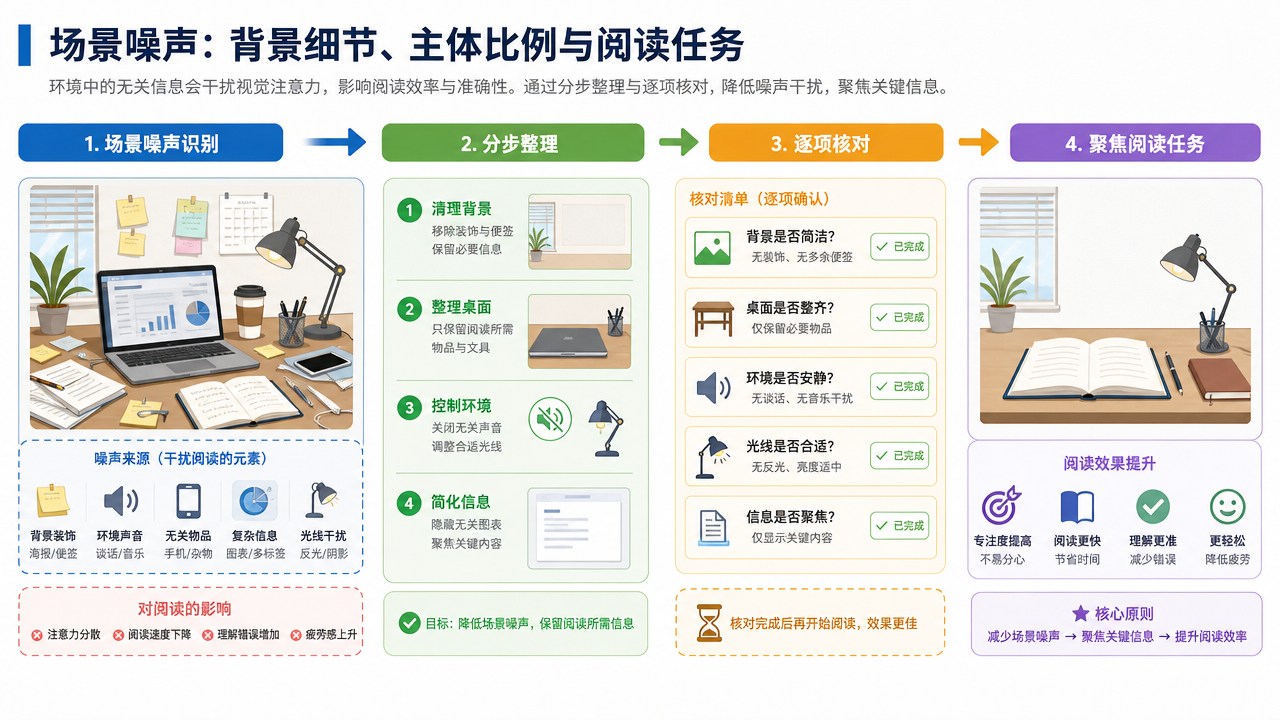 场景噪声的分区流程图，箭头连接整理与核对步骤