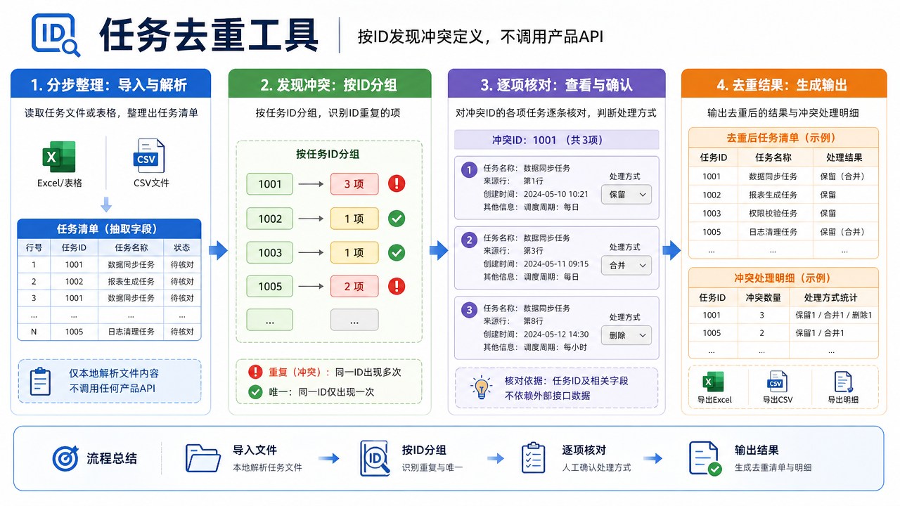 任务去重工具的分区流程图，箭头连接整理与核对步骤