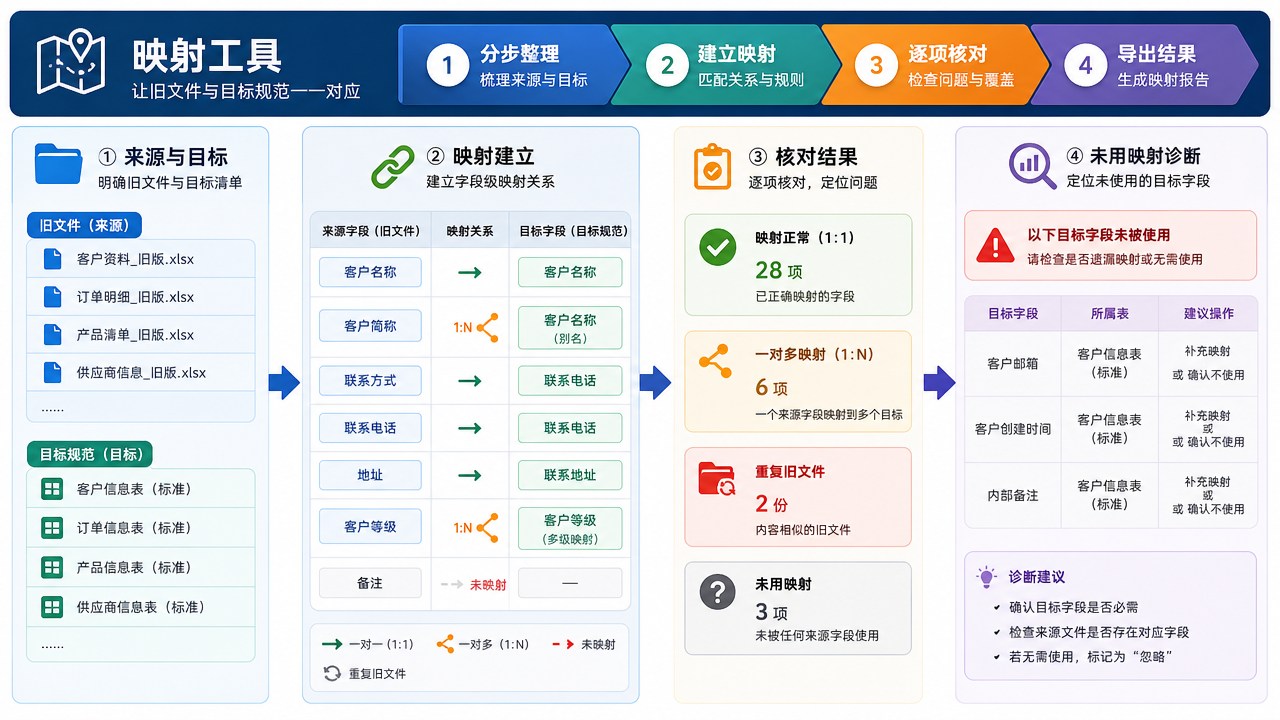 映射工具的分区流程图，箭头连接整理与核对步骤