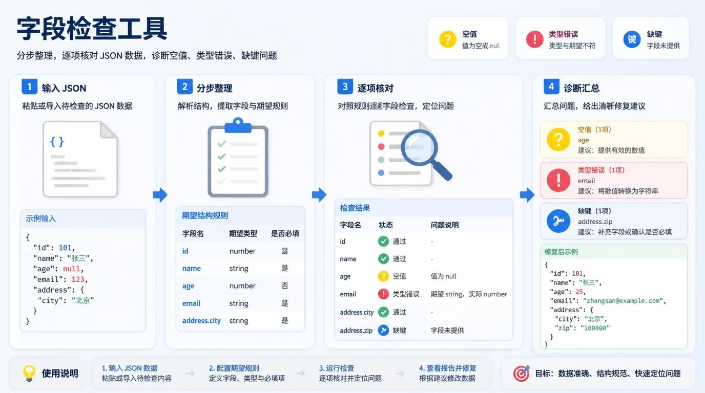 字段检查工具的分区流程图，箭头连接整理与核对步骤