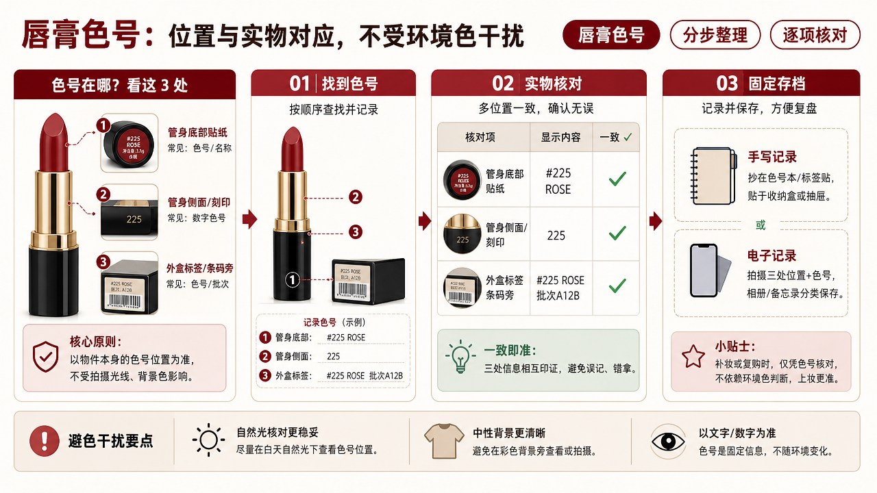 唇膏色号的分区流程图，箭头连接整理与核对步骤