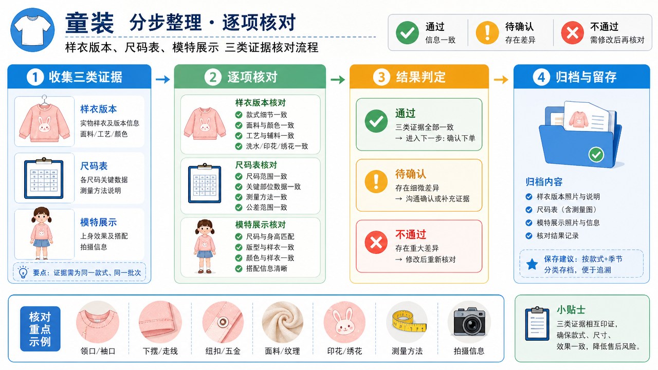 童装的分区流程图，箭头连接整理与核对步骤