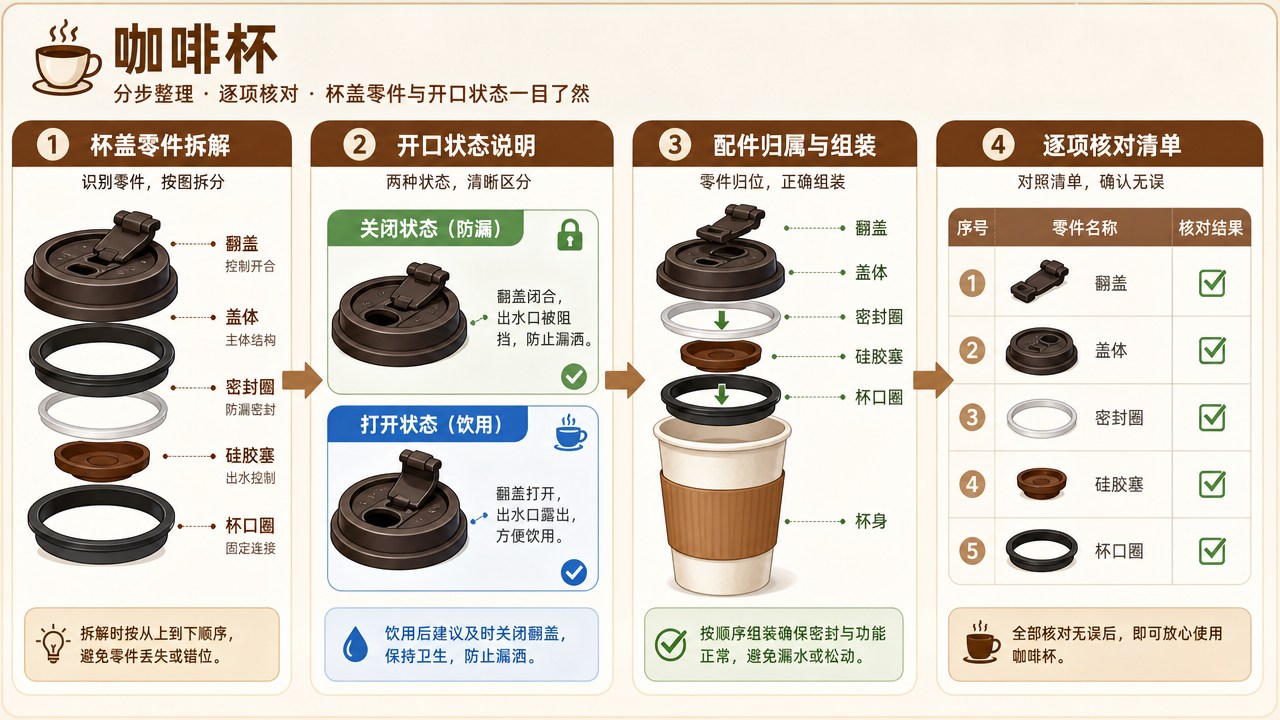 咖啡杯的分区流程图，箭头连接整理与核对步骤