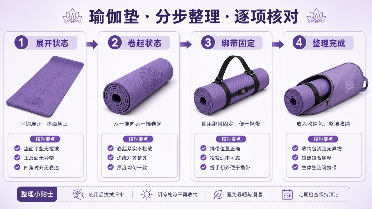 瑜伽垫的分区流程图，箭头连接整理与核对步骤