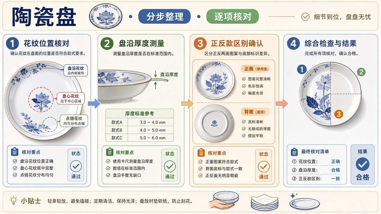 陶瓷盘的分区流程图，箭头连接整理与核对步骤