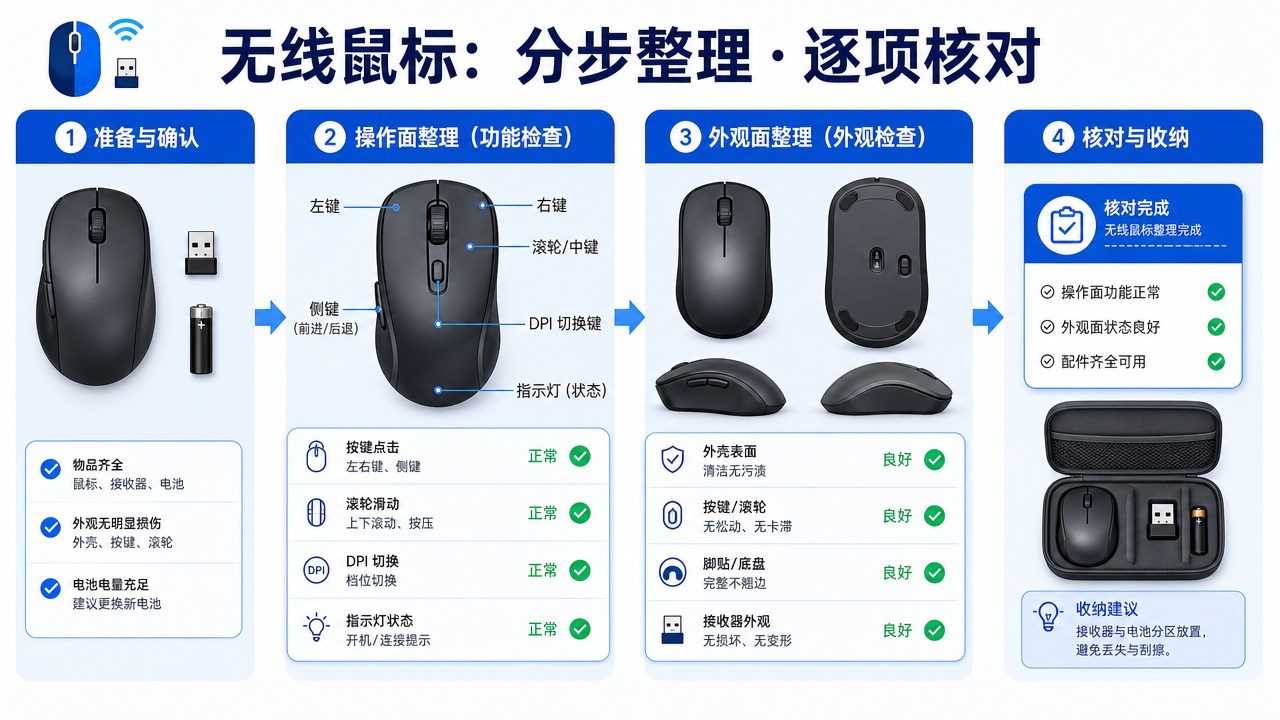 无线鼠标的分区流程图，箭头连接整理与核对步骤