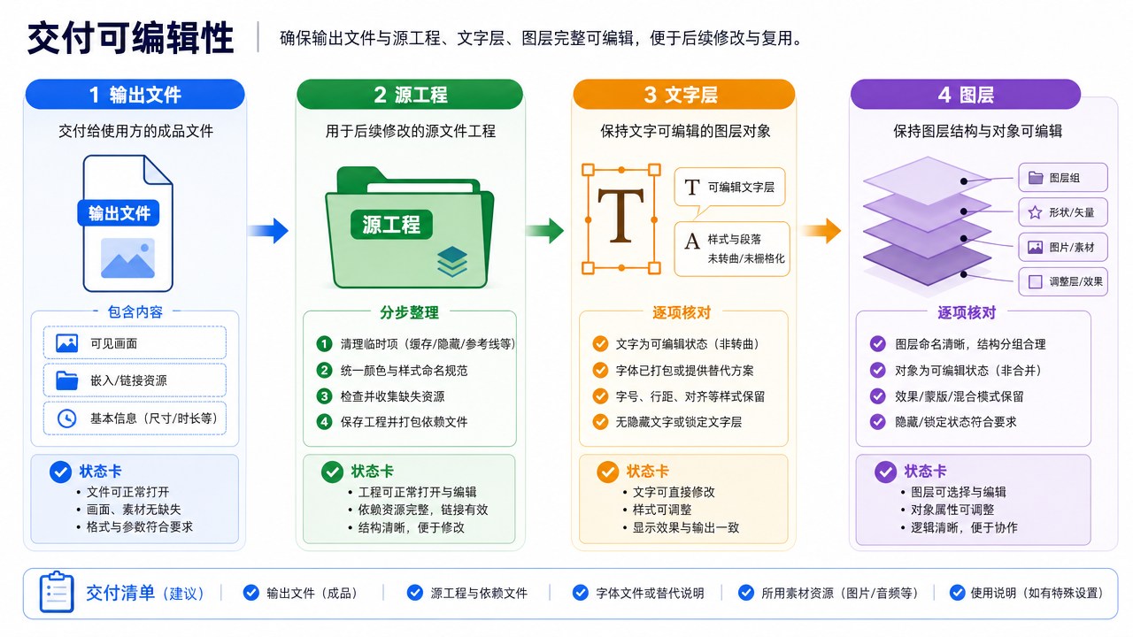 交付可编辑性的分区流程图，箭头连接整理与核对步骤