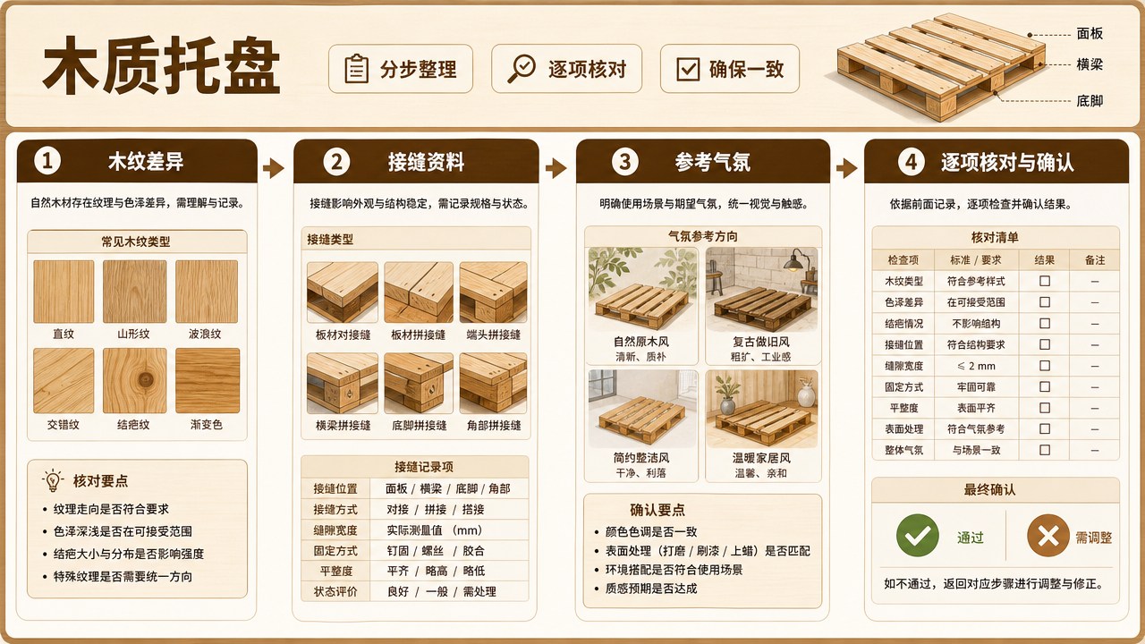 木质托盘的分区流程图，箭头连接整理与核对步骤