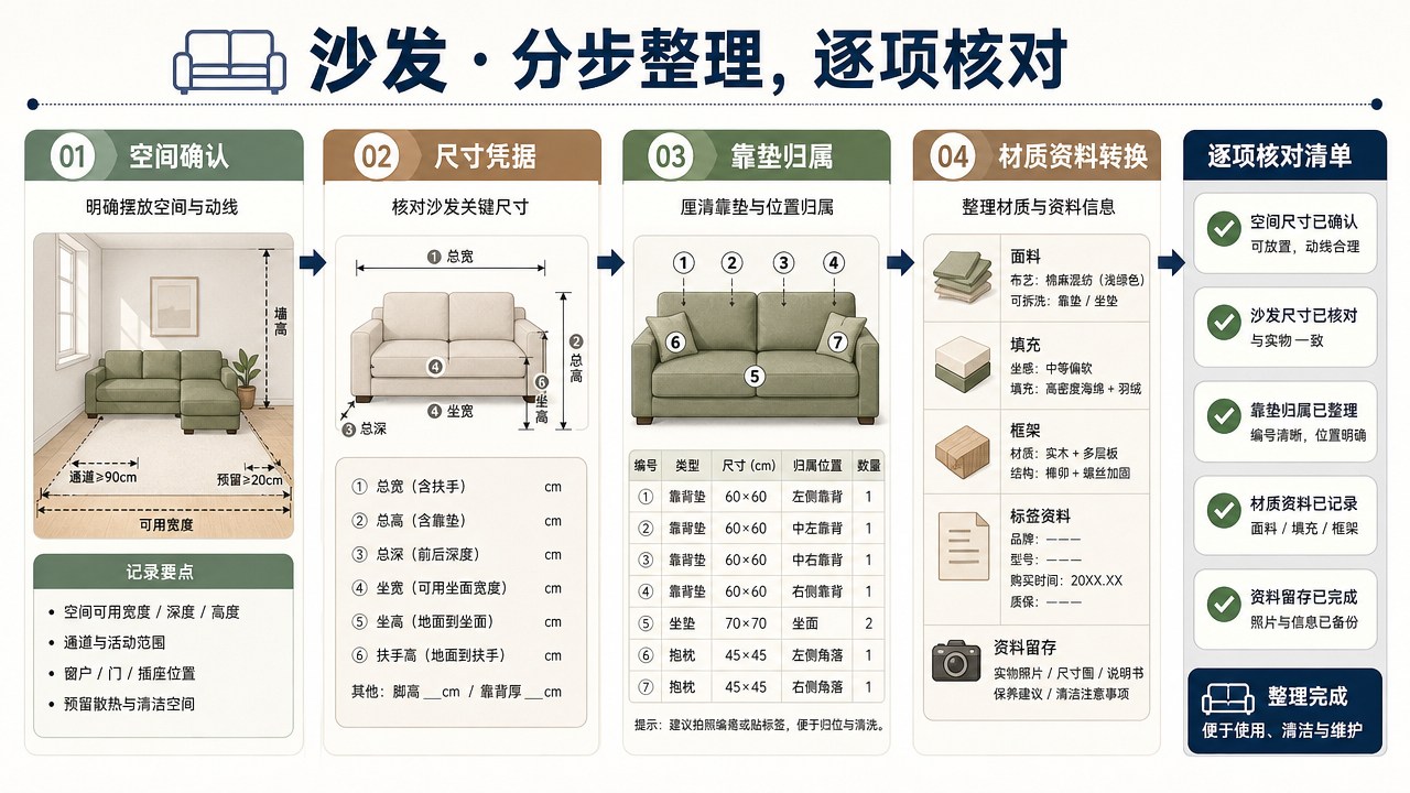沙发的分区流程图，箭头连接整理与核对步骤