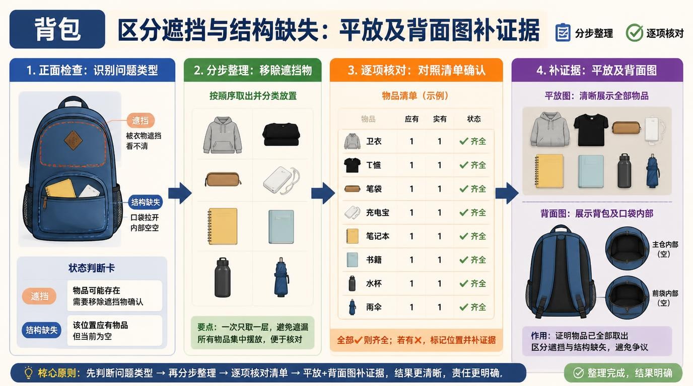 背包的分区流程图，箭头连接整理与核对步骤