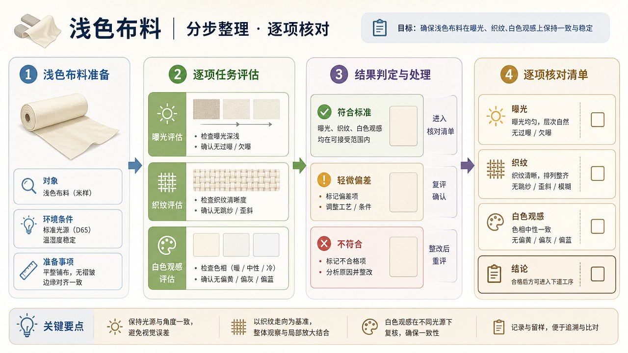 浅色布料的分区流程图，箭头连接整理与核对步骤